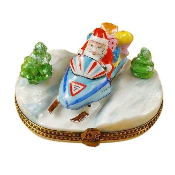 Santa on Snowmobile Limoges Box for Holiday Cheer, a hand-painted Limoges porcelain gift