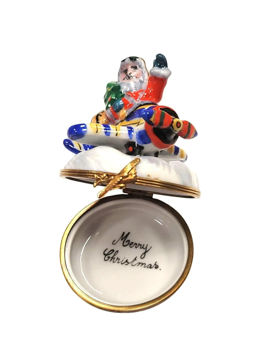 Artisan-painted Santa on Airplane Limoges box from France, a cherished collectible