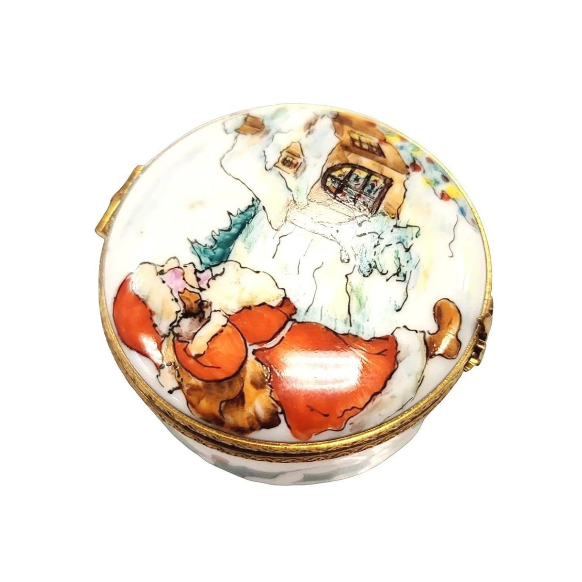 Fine French craftsmanship on the Santa Delivering on Round Limoges box, painted by hand