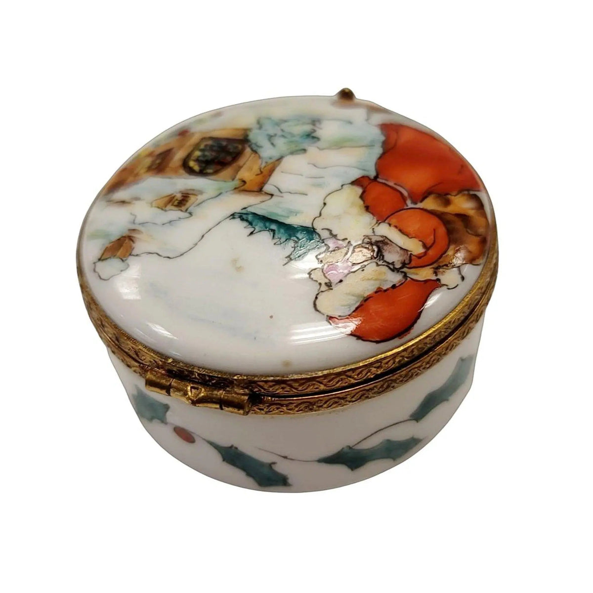 Painted details on the Santa Delivering on Round Limoges box, French art in miniature
