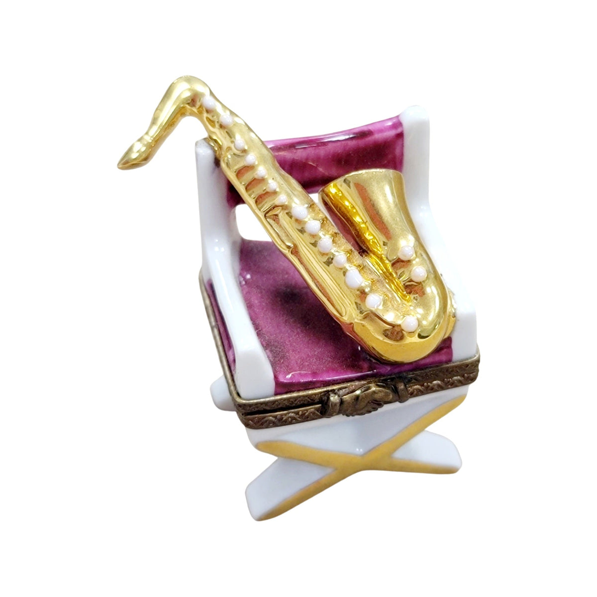 Saxophone on Chair Limoges Box Gift, a hand-painted Limoges porcelain gift