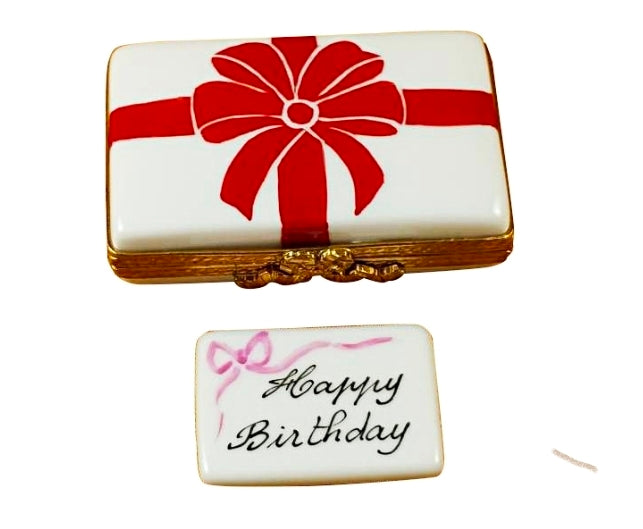 Gift Box w Red Bow Happy Birthday Limoges Box Design, a hand-painted Limoges porcelain gift