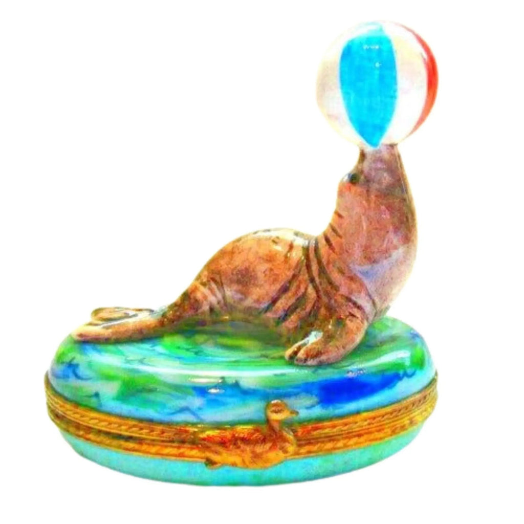 Seal w Beach Ball Fish Limoges Box Figurine Limoges, view 3