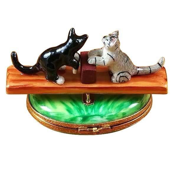 Collectible See Saw Cats Limoges box with artisan brushwork