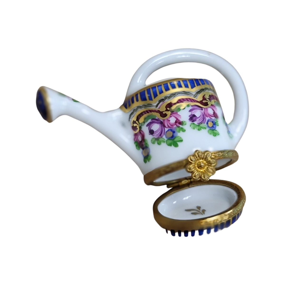 Every brushstroke by hand on the Sevre Roses Watering Can for Garden Elegance Limoges box from France