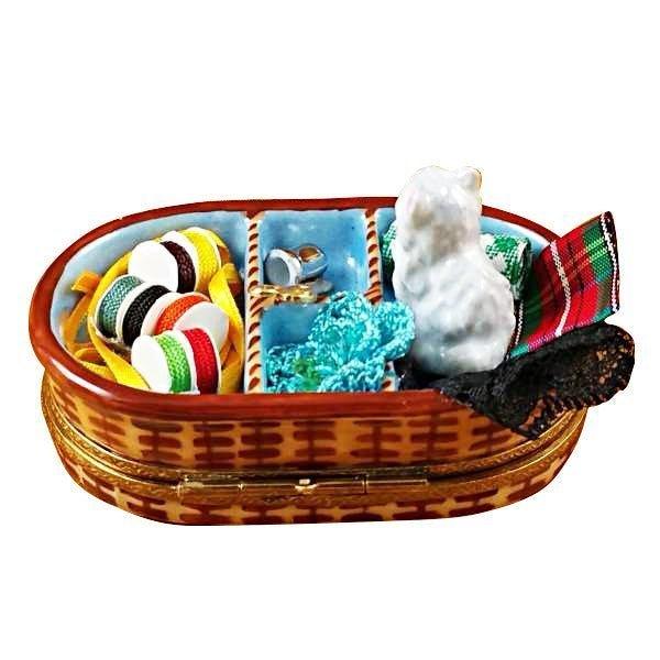 Hand-painted Sewing Basket with Cat Limoges box, French artistry for lovers of fine art