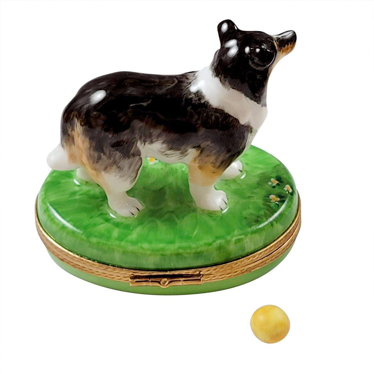 Sheltie with Removable Ball Limoges box painted by hand in Limoges, France, a gift to treasure