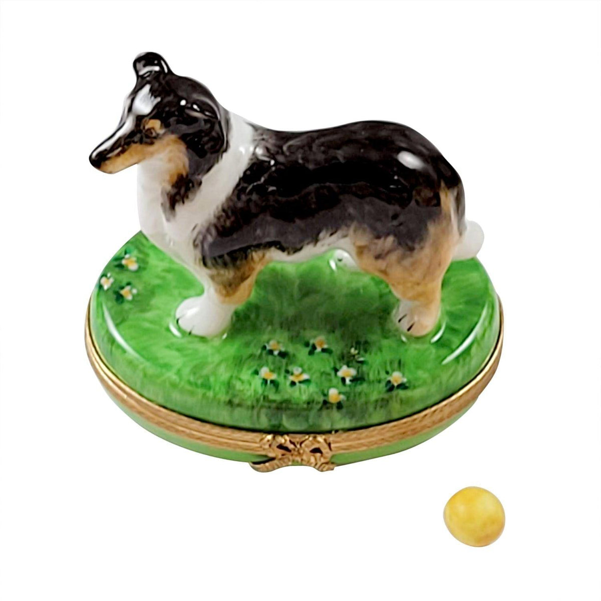 Genuine Rochard Sheltie with Removable Ball Limoges box painted by hand in France, from Limoges Boutique