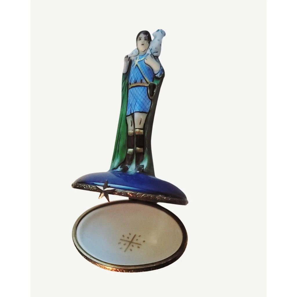 Large Shepard Boy w Sheep on Dark Blue Limoges Box Figurine, view 2