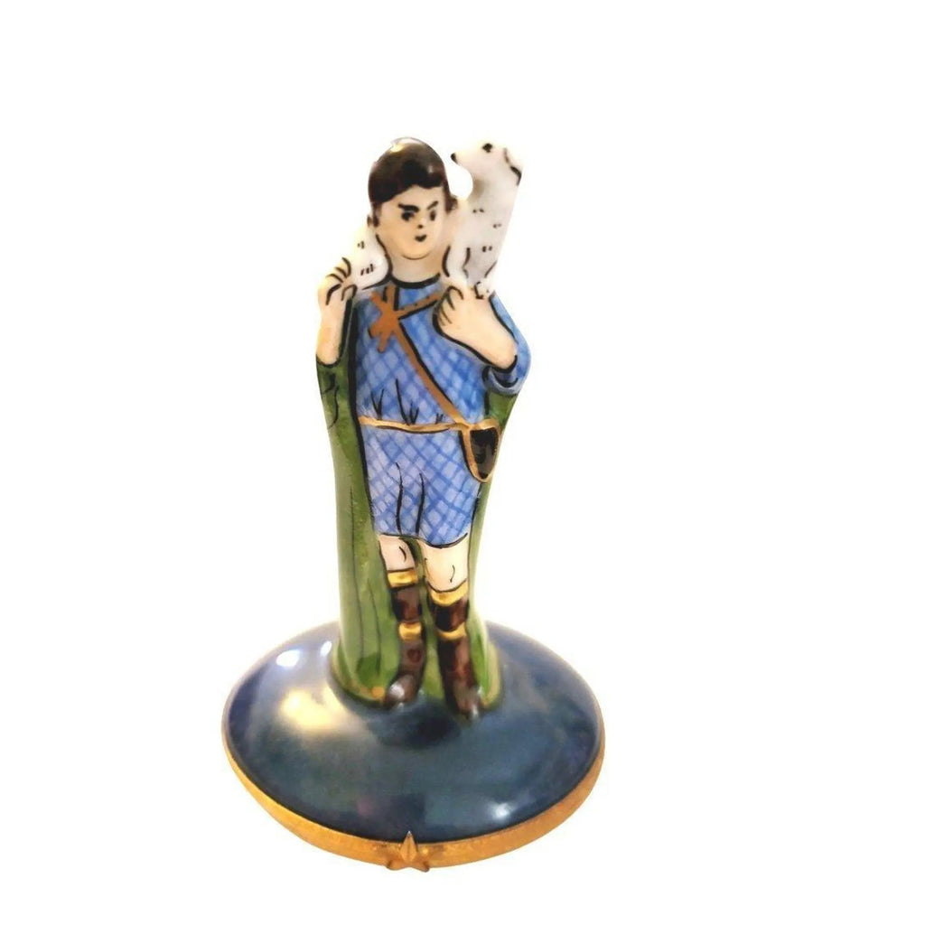 Large Shepard Boy w Sheep on Dark Blue Limoges Box Figurine, view 4