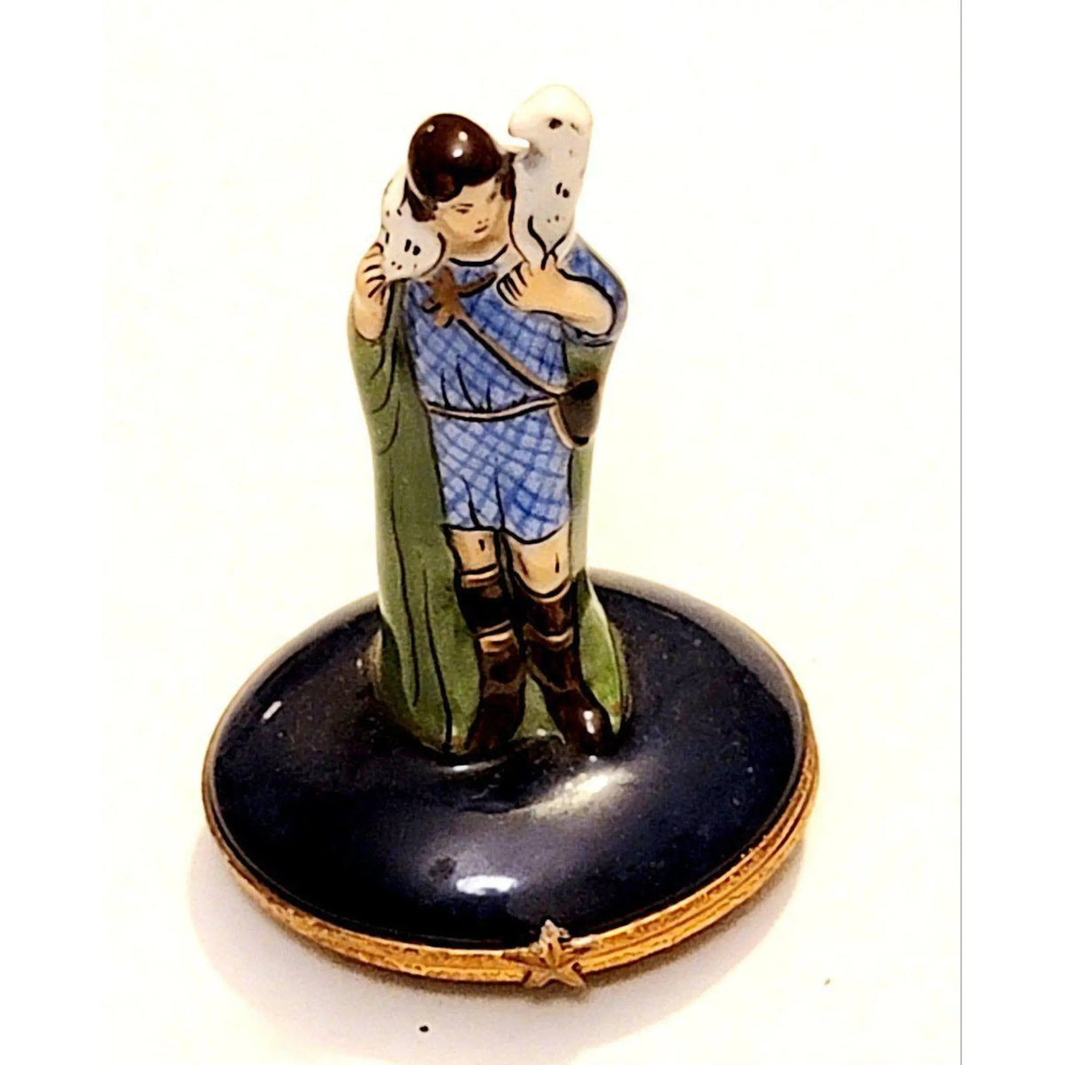Authentic Large Shepard Boy with Sheep on Dark Blue Limoges box, hand-painted in France for Christmas, from Limoges Boutique
