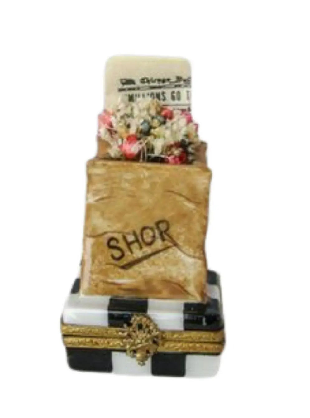 Limoges Boutique presents the Shopping Bag with Newspaper, a genuine Limoges box painted by hand in France