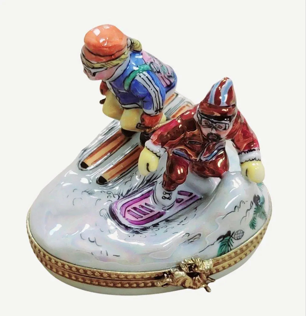 Skiers Skiing Limoges Box for Ski Lovers, a hand-painted Limoges porcelain gift
