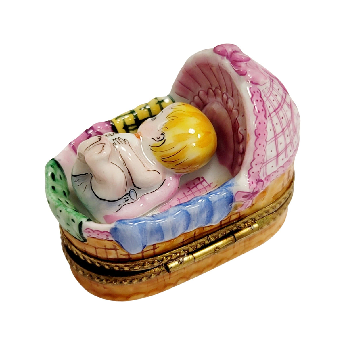 Baby in Basket Sleeping Limoges box, an heirloom-quality piece for collectors
