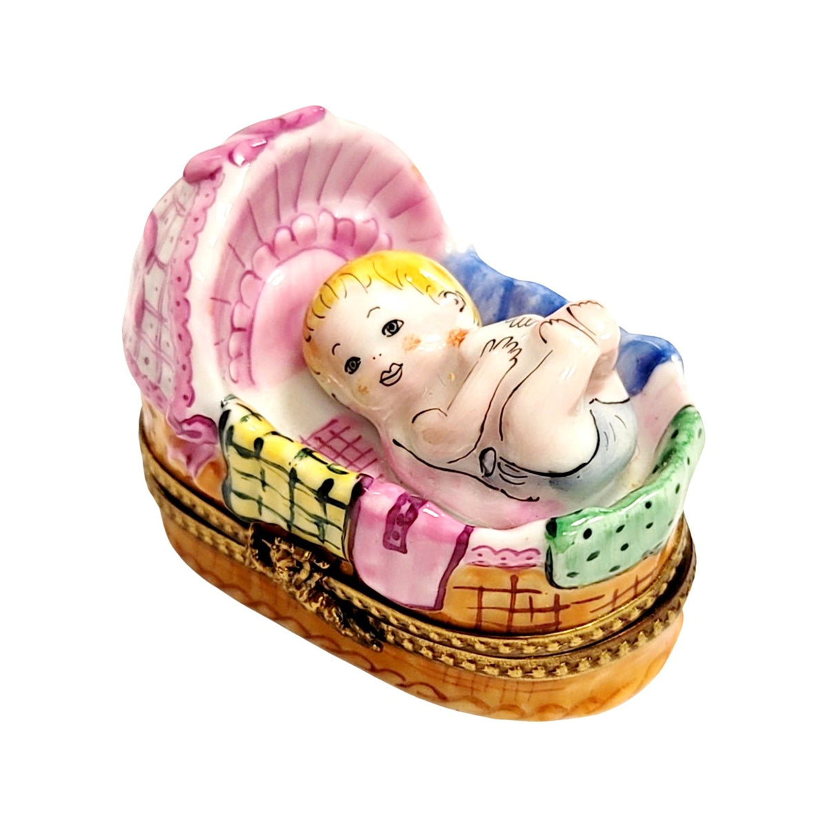 Authentic Baby in Basket Sleeping Limoges box, hand-painted in France, from Limoges Boutique