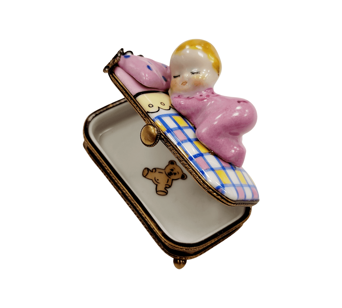 Hand-painted Baby in Pink Bed Sleeping Newborn Limoges box, French artistry for lovers of fine art