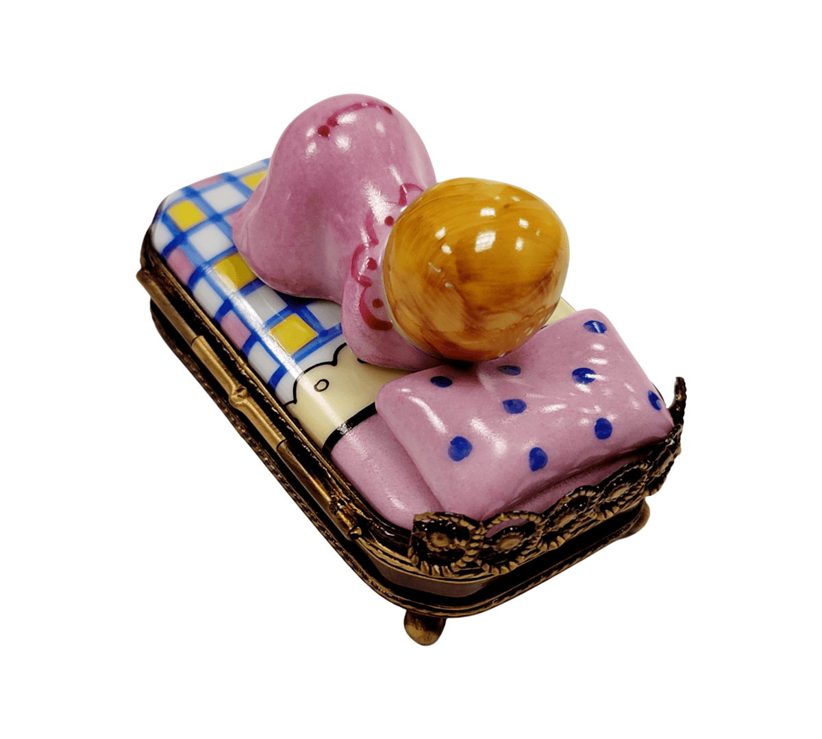 Collectible Baby in Pink Bed Sleeping Newborn Limoges box with artisan brushwork