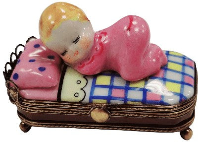 Baby in Pink Bed Sleeping Limoges Box Newborn Gift, a hand-painted Limoges porcelain gift