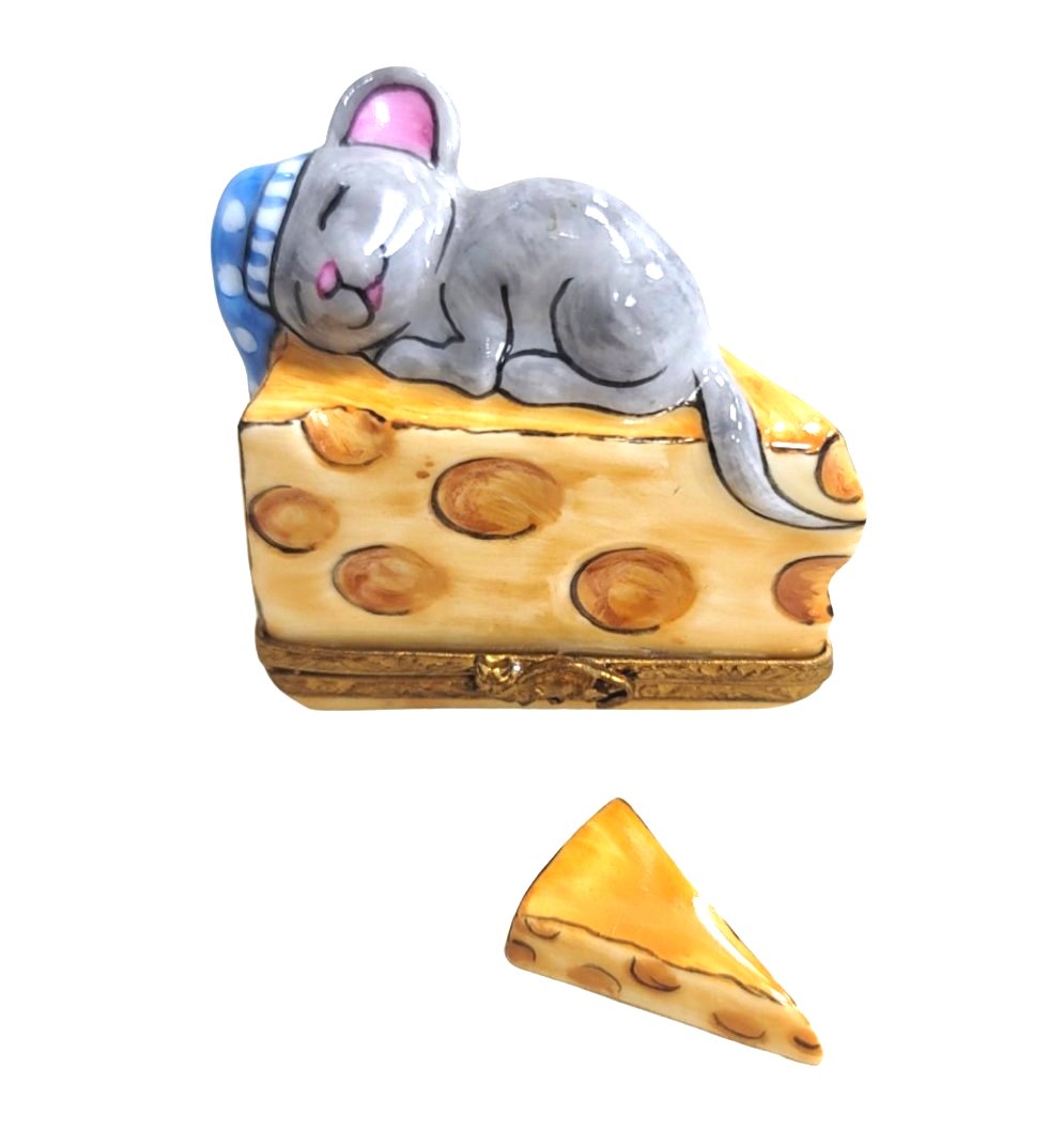 Mouse on Cheese Sleeping Limoges Box, a hand-painted Limoges porcelain gift