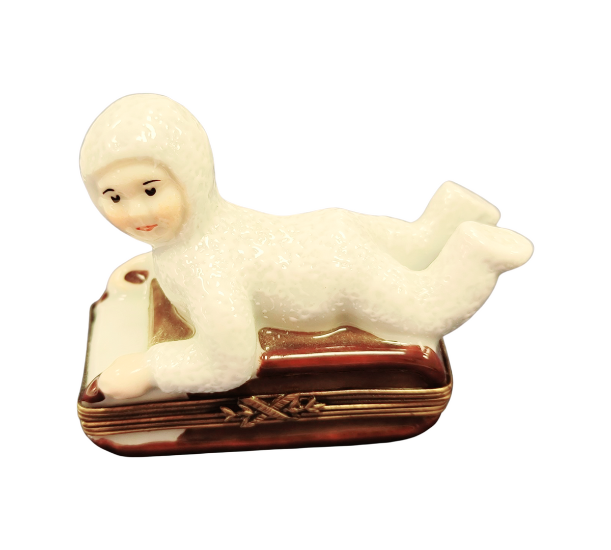 Genuine Snow Baby Kid on Sled Winter Sleigh Limoges box painted by hand in France for Christmas, from Limoges Boutique
