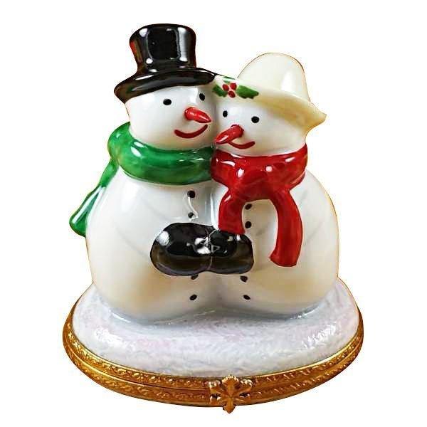 Authentic Rochard Snowman Couple Limoges box, hand-painted in France for Christmas, from Limoges Boutique