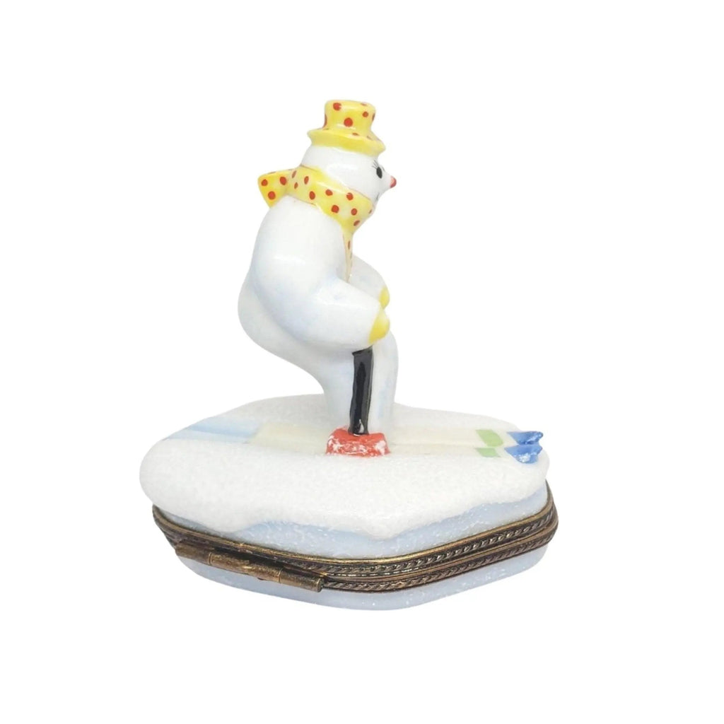 Painted details on the Snowman on Skis Skier Limoges box, French art in miniature