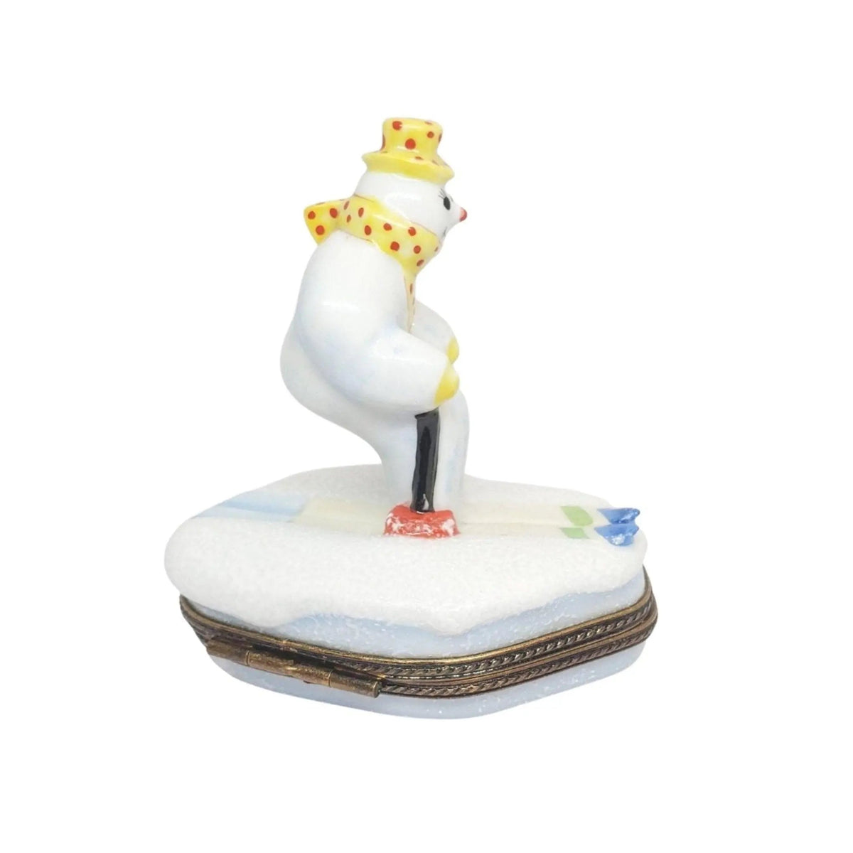 Painted details on the Snowman on Skis Skier Limoges box, French art in miniature