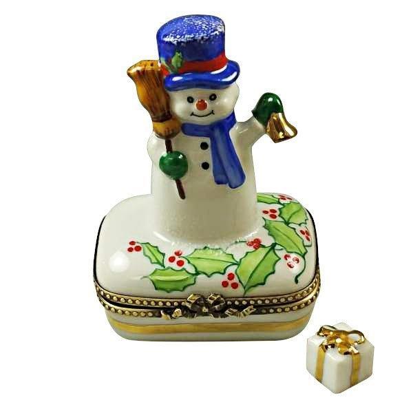 Snowman with Blue Scarf Limoges Box, a hand-painted Limoges porcelain gift