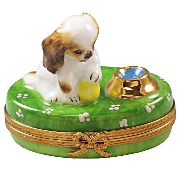 Authentic Rochard Spaniel Puppy with Ball and Bowl Limoges box, hand-painted in France, from Limoges Boutique