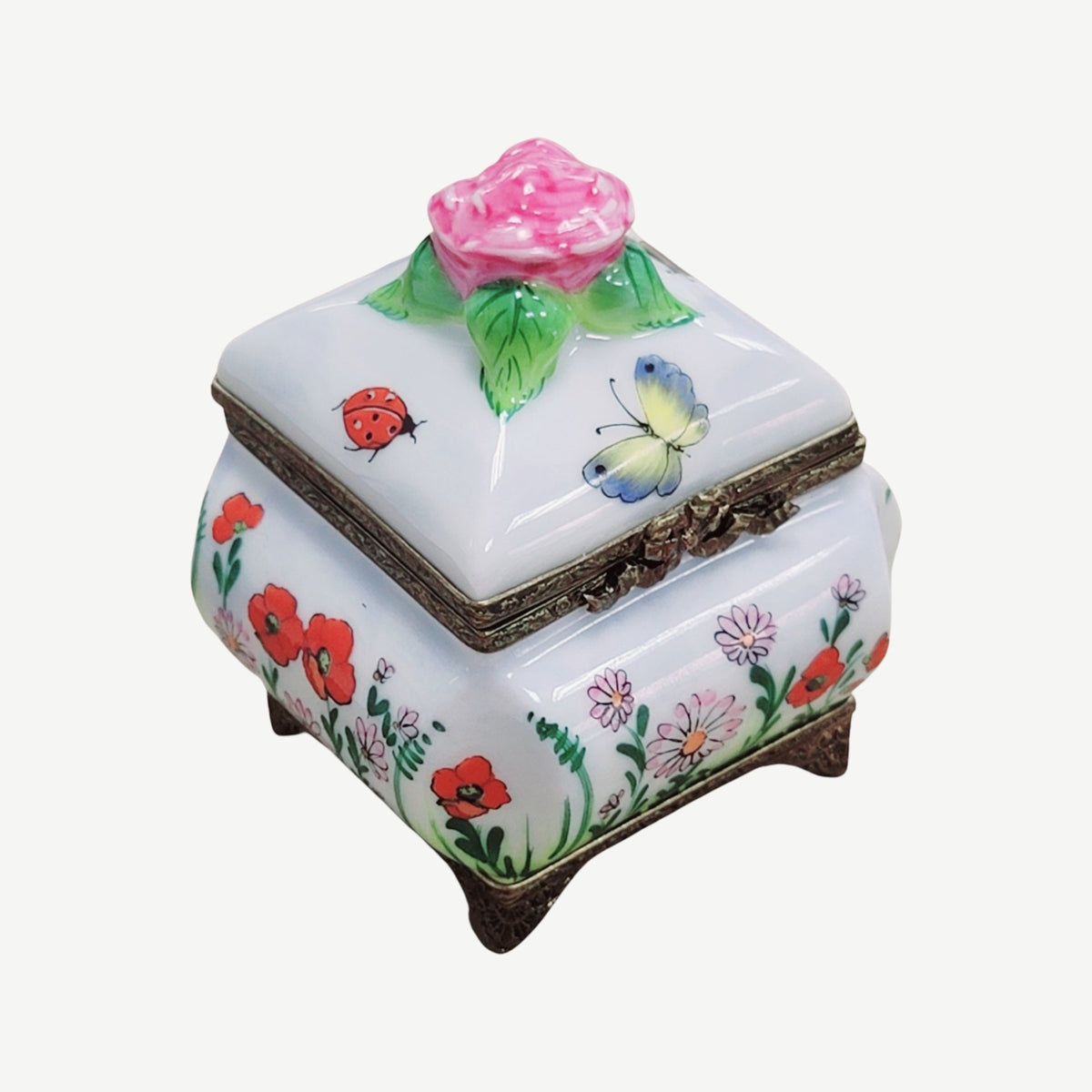 Square Box Roses Butterfly Perfume Bottle Limoges, a hand-painted Limoges porcelain gift
