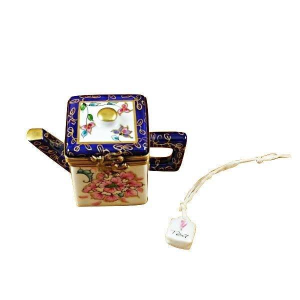 Square Teapot with Blue Spout Handle Limoges Box, France, a hand-painted Limoges porcelain gift