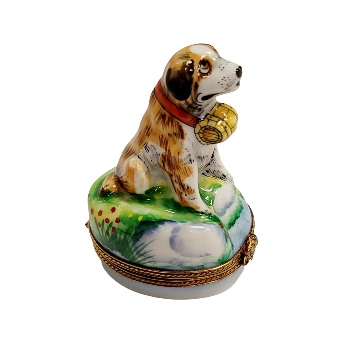 Every brushstroke by hand on the St Bernard Dog Limoges box from France