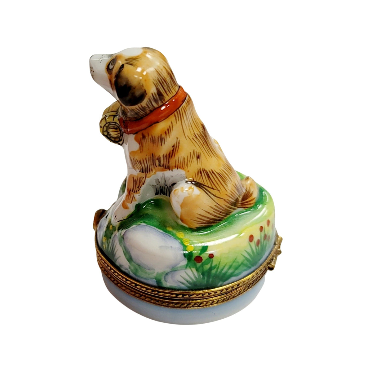 Fine French craftsmanship on the St Bernard Dog Limoges box, painted by hand
