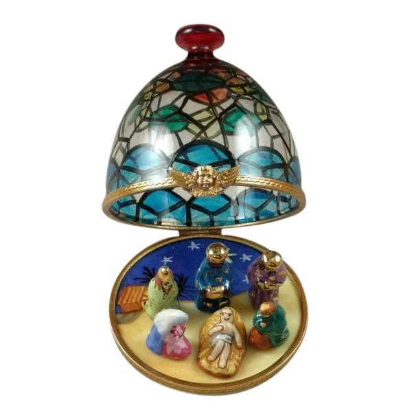 Stained Glass Dome with Nativity Inside Limoges Box, a hand-painted Limoges porcelain gift