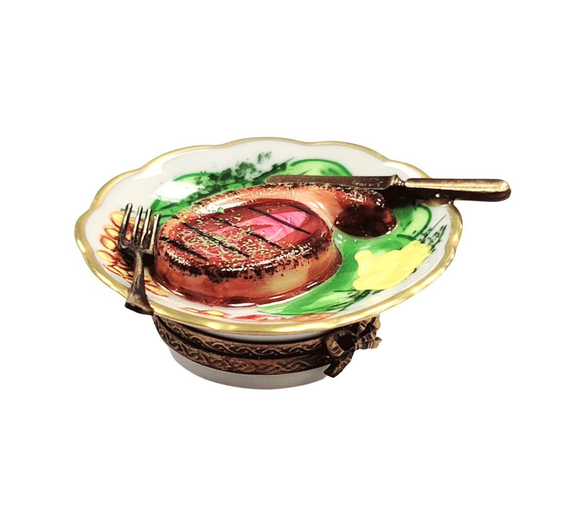 Steak Dinner on Plate Limoges Box Figurine for Food Lovers, view 3