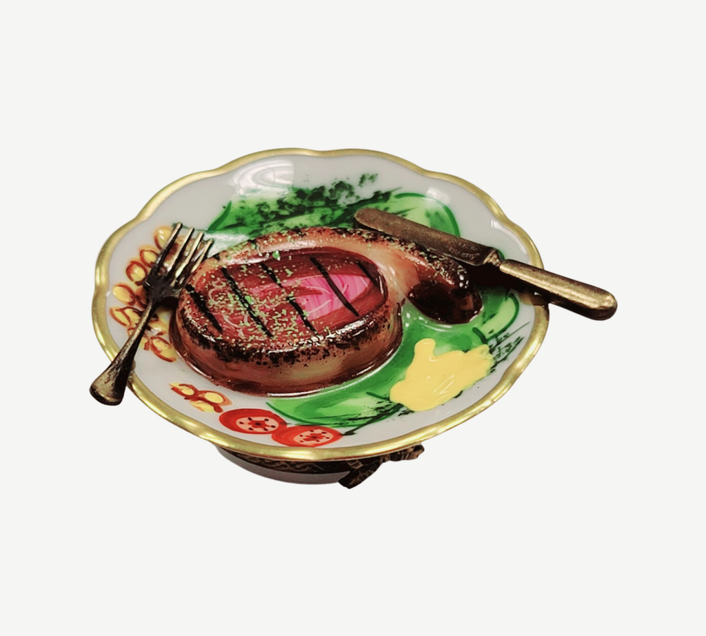 Steak Dinner on Plate Limoges Box Figurine for Food Lovers, view 5
