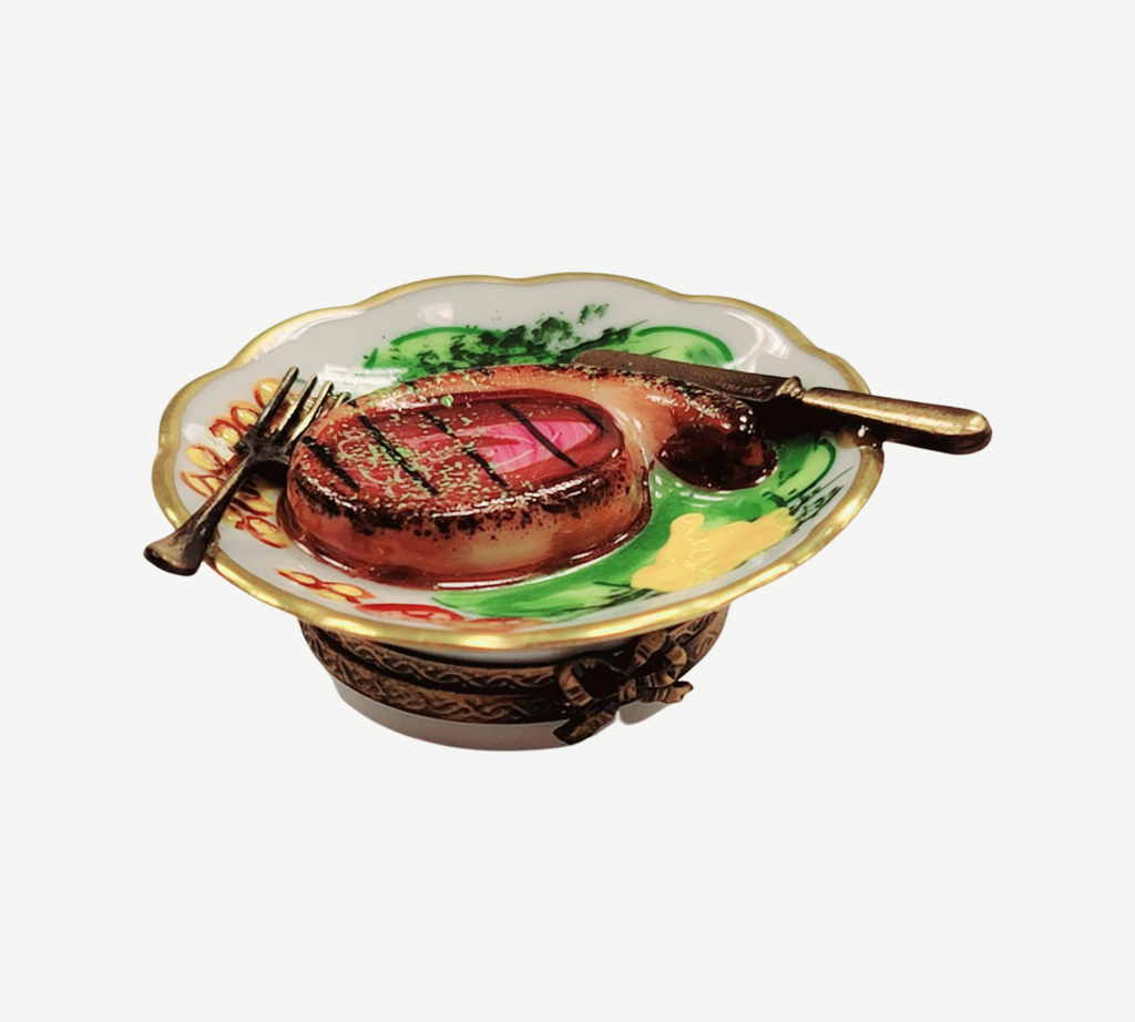 Steak Dinner on Plate Limoges Box Figurine for Food Lovers, view 6