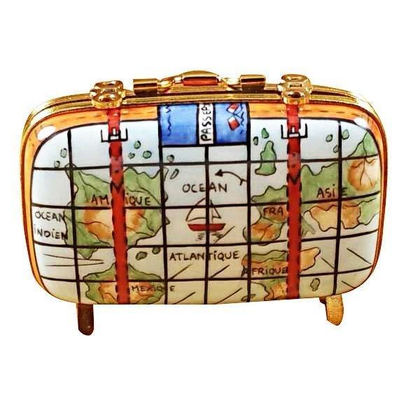 Suitcase with Maps Limoges Box for French Travelers, a hand-painted Limoges porcelain gift