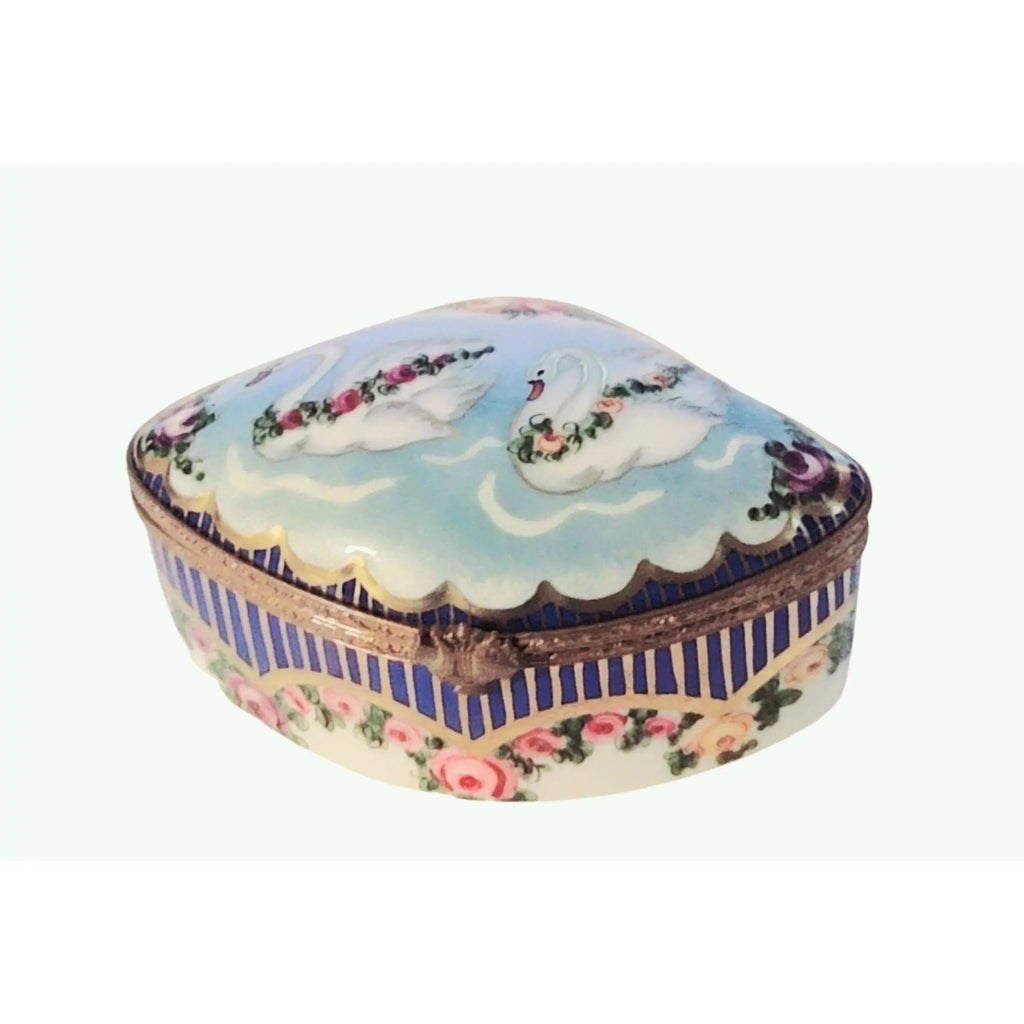 Treasured French collectible: Swans Traditional Sevre Roses Limoges box, painted by hand