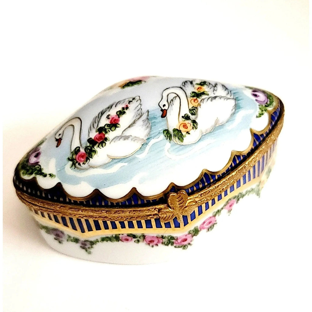 Collectible Swans Traditional Sevre Roses Limoges box with artisan brushwork