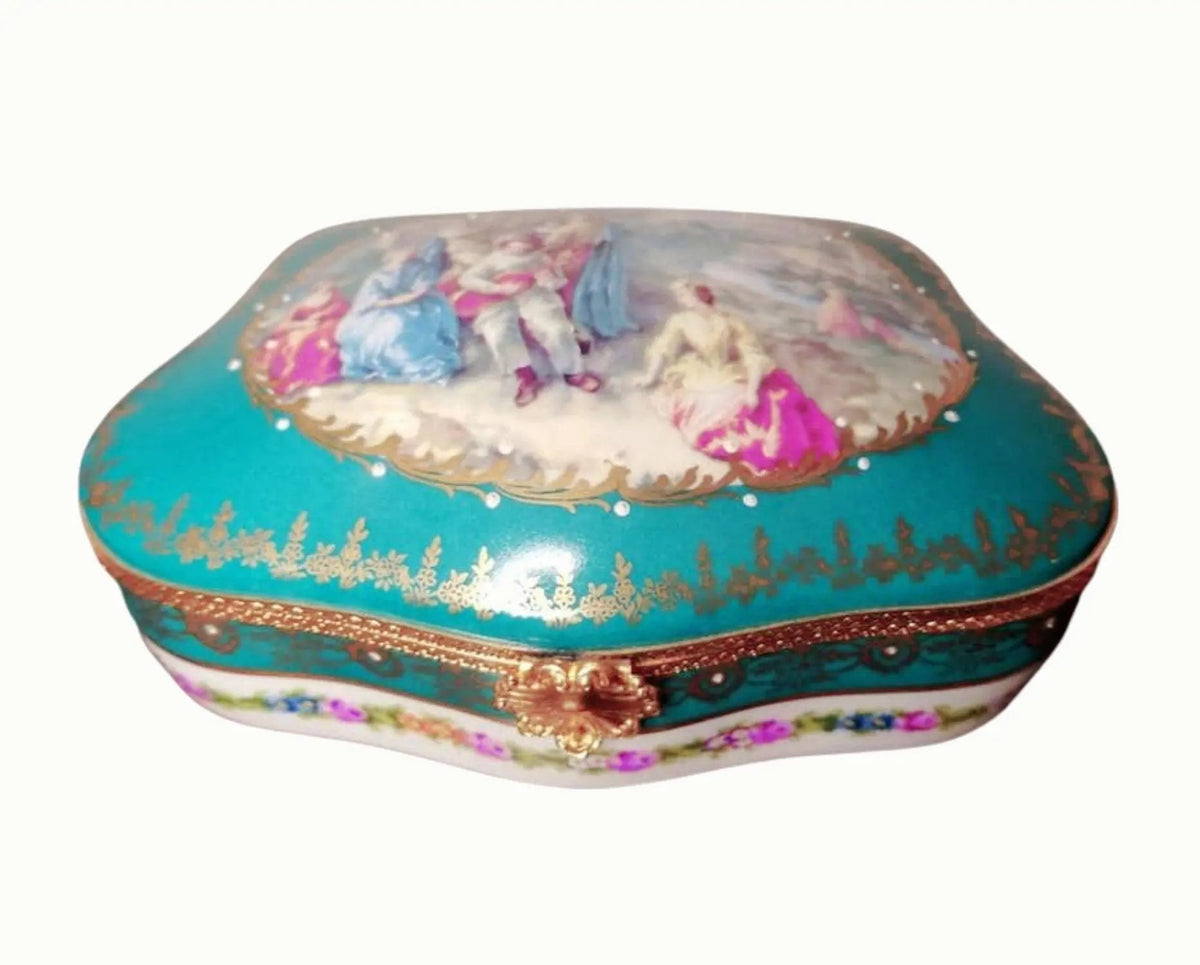 Hand-painted Serenade Woman Teal Chest Jewelry 9x5 Limoges box, French artistry for lovers of fine art