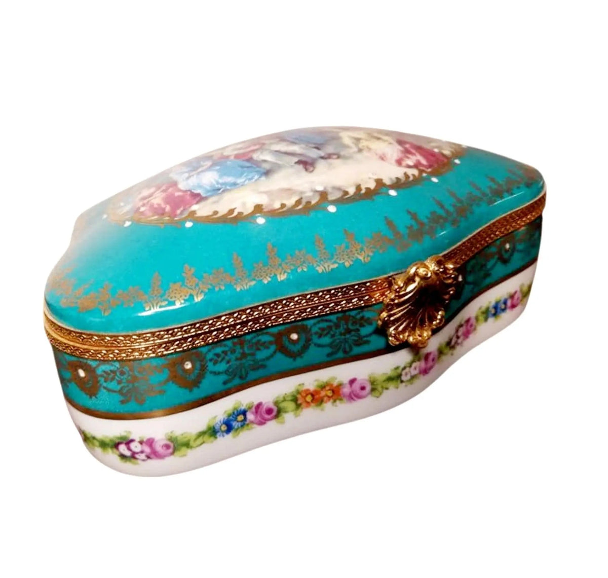 Collectible Serenade Woman Teal Chest Jewelry 9x5 Limoges box with artisan brushwork