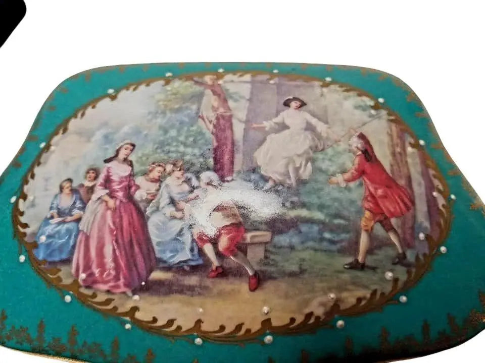 Serenade Woman Teal Chest Jewelry Limoges box painted by hand in Limoges, France, a gift to treasure