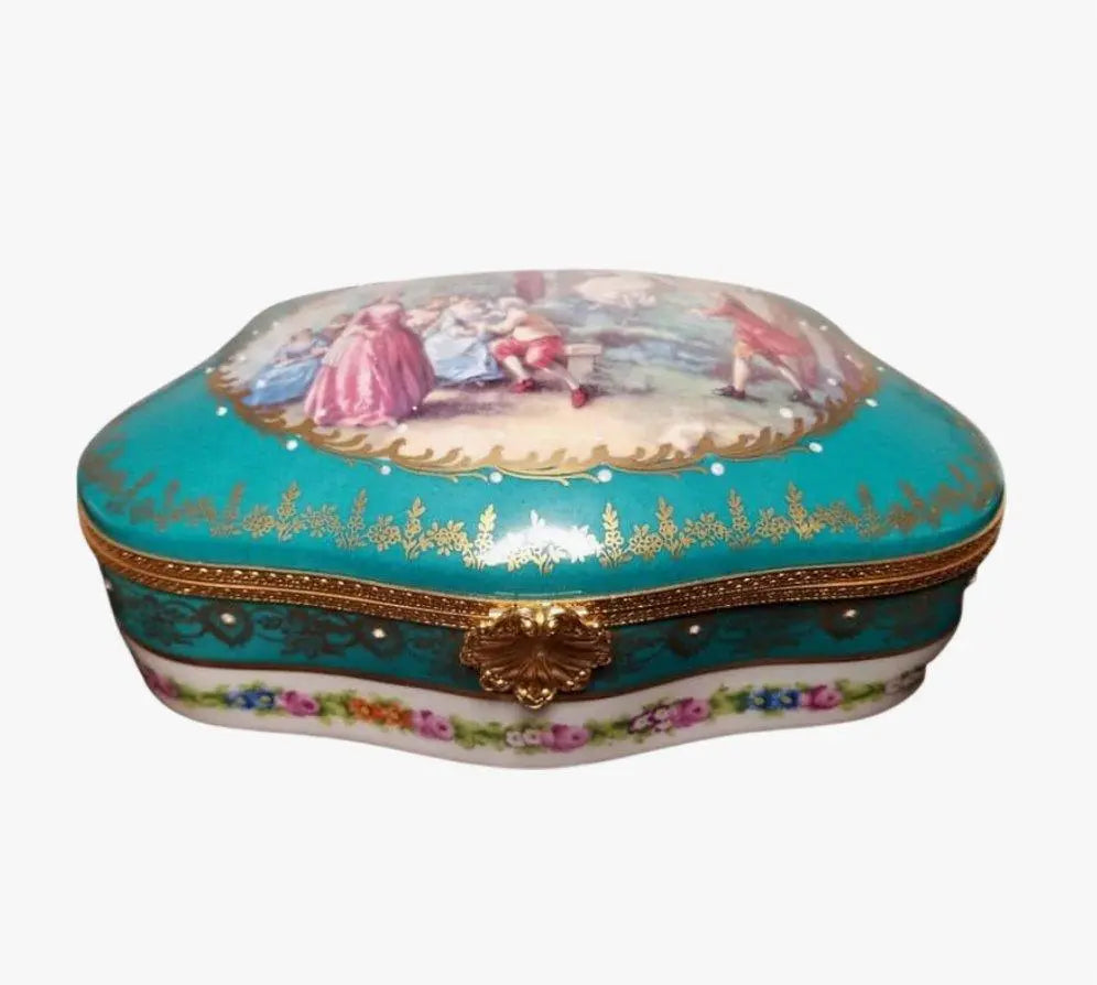 Authentic Serenade Woman Teal Chest Jewelry Limoges box, hand-painted in France, from Limoges Boutique