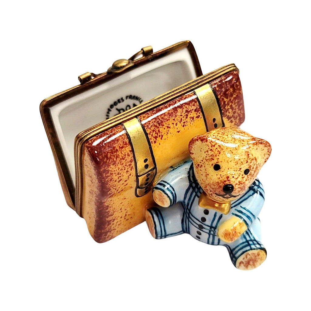 Every brushstroke by hand on the Teddy Bear and Suitcase Limoges box from France