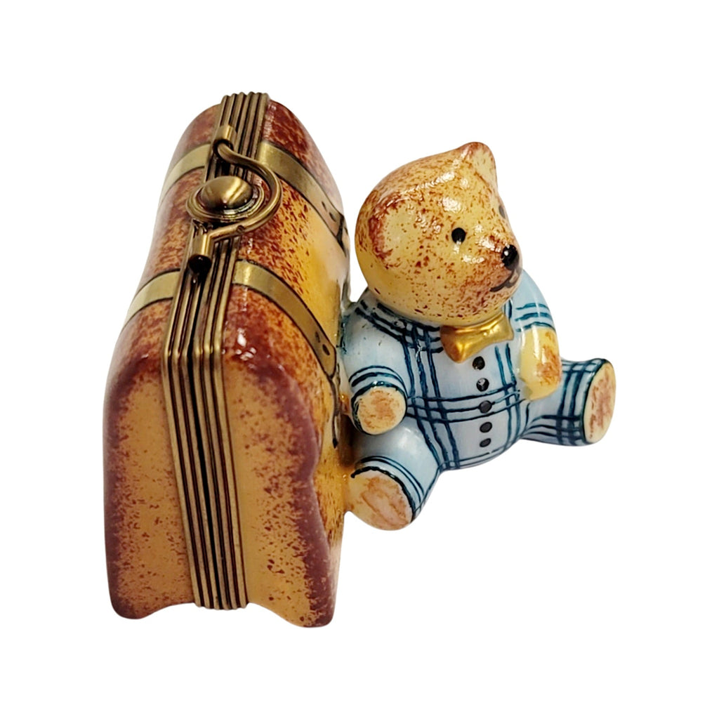 Collectible Teddy Bear and Suitcase Limoges box with artisan brushwork