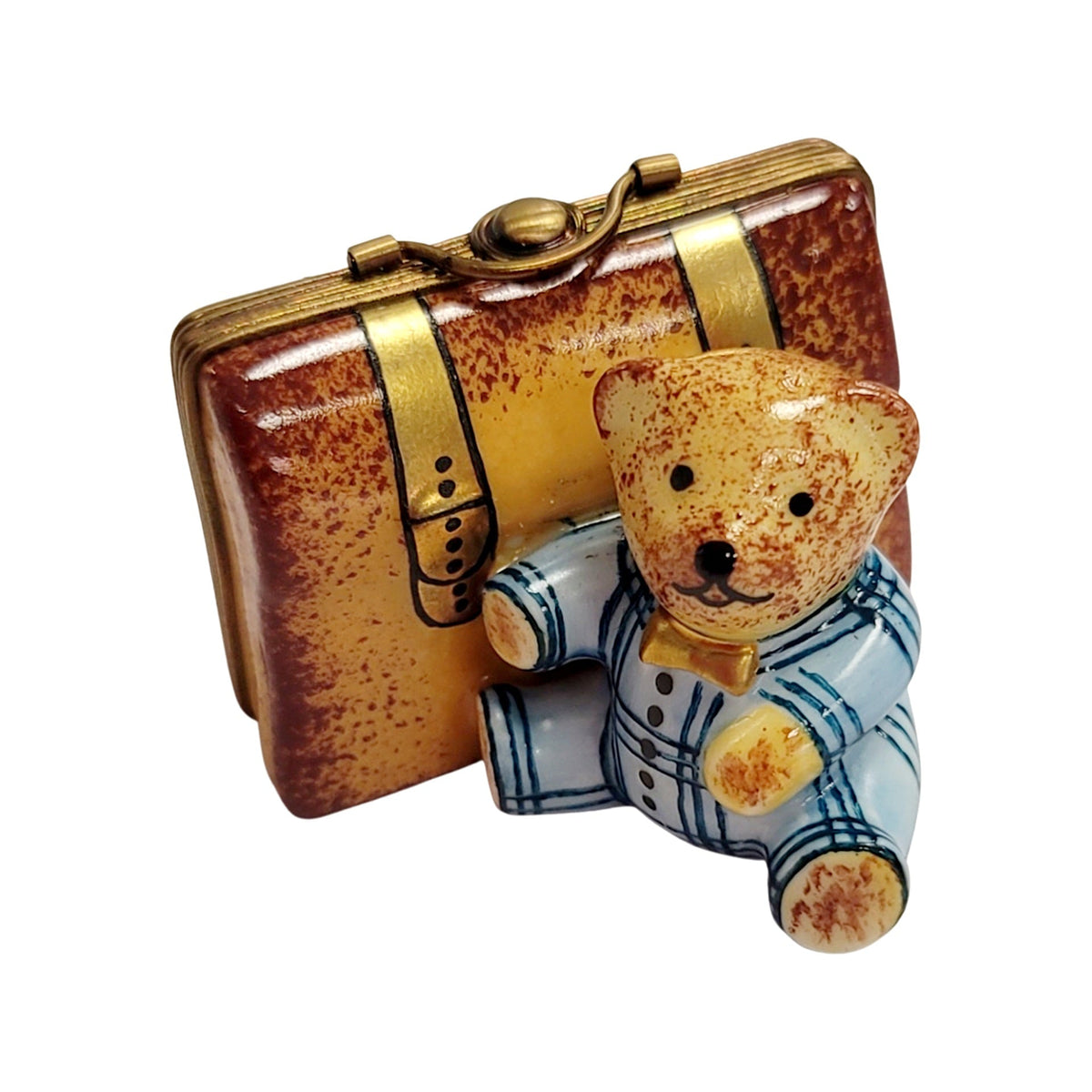 Authentic Teddy Bear and Suitcase Limoges box, hand-painted in France, from Limoges Boutique