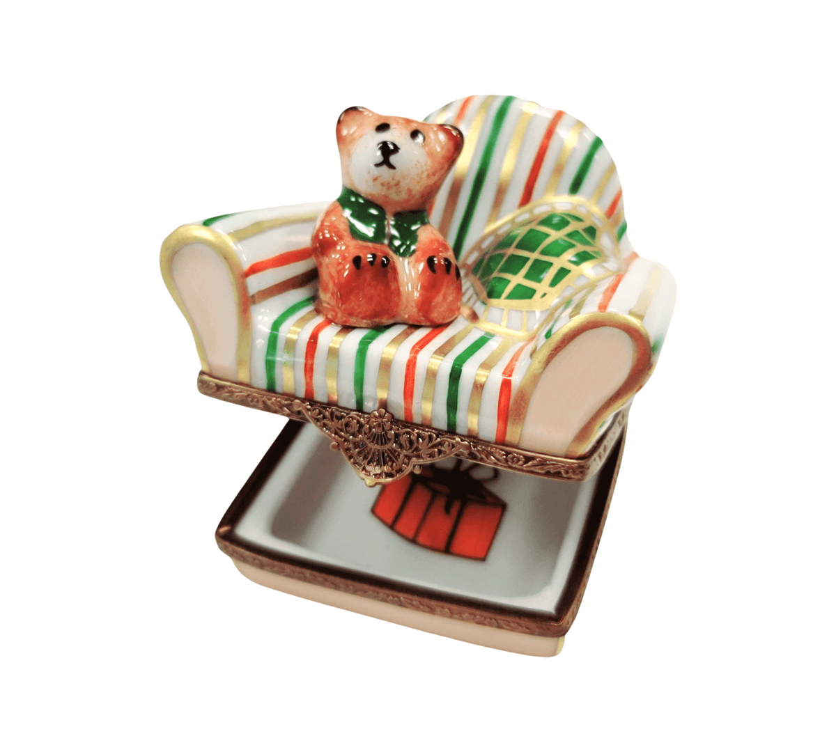 Teddy Bear in Arm Chair Yellow Green Limoges Box Decor, view 2
