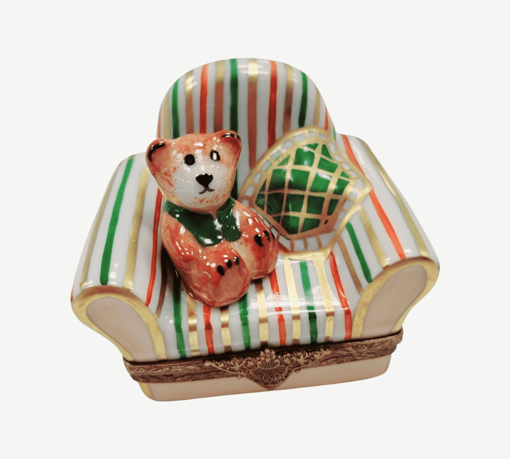 Teddy Bear in Arm Chair Yellow Green Limoges Box Decor, view 6