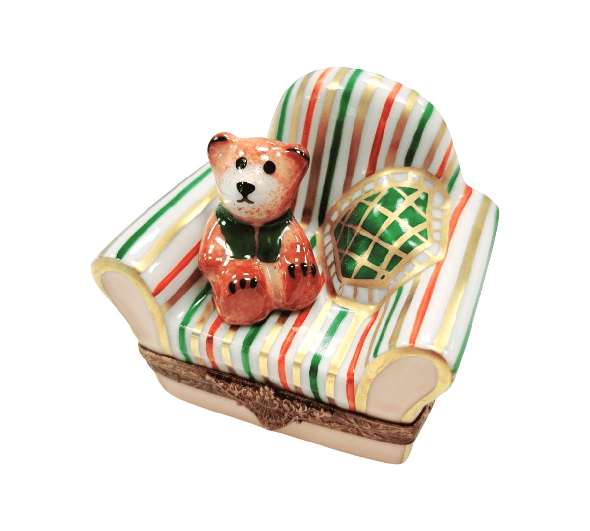 Teddy Bear in Arm Chair Yellow Green Limoges Box Decor, a hand-painted Limoges porcelain gift